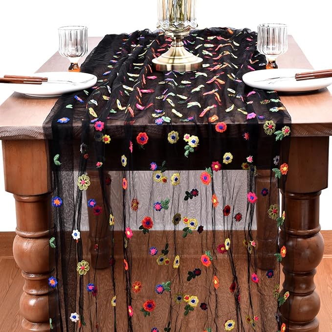 Joanlody 3pcs Black Embroidery Daisy Fall Thanksgiving Table Runner 10ft Florals Seasonal Tulle Table Runner Holiday Kitchen Dining Table Decoration for Home Party Indoor