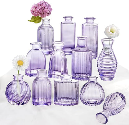 Glass Bud Vases Set of 12, Small Purple Vase Glass Vases for Flowers Modern Ribbed Colored Bud Vase for Decor Wedding Flower Vase in Bulk Vintage Decor Bridal Shower Centerpieces Home Table Decoration