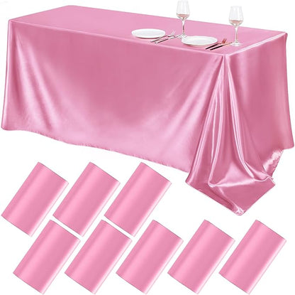 TURSTIN 8 Packs Pink Satin Tablecloth 102 x 58 Inch Overlay Satin Table Cover Rectangle Bright Silk Tablecloth Smooth Fabric Table Decoration for Wedding Banquet Party Events