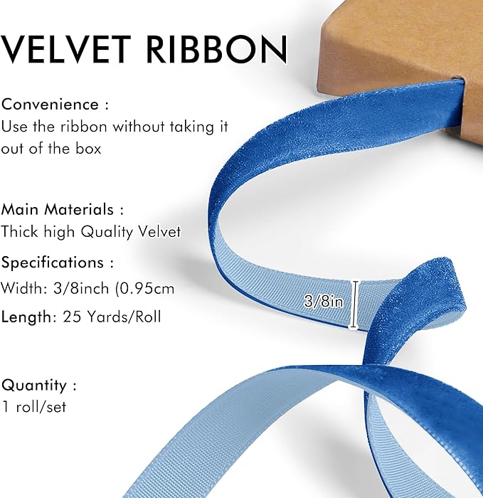 Royal Blue Velvet Ribbon 3/8'' 25 Yards for Christmas Tree, Gift Wrapping, Flower Bouquet, Wreath Decorations, Bow Making