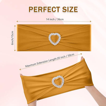 Howhic Pack of 30 Spandex Chair Sashes Bows Stretch Chair Cover Band with Buckle Slider Universal Elastic Chair Ties for Wedding Banquet Party Event Decoration (Gold)