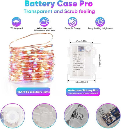 2 Pack 16.4 Ft. Battery Operated Outdoor String Lights with Remote & Timer, LED Multi Color Fairy Lights, Waterproof Twinkle Lights for Bedroom, Dorm, Mason Jar, Wedding, Party, Christmas