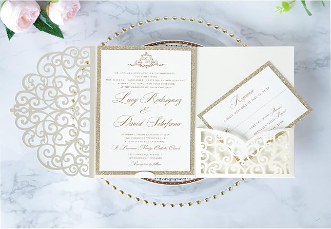 ponatia 5.12 x 7.2 Ivory Laser Cut Wedding Invitations, Trifold Laser Cut Invitation Pockets with Envelopes for Wedding Bridal Shower Engagement Quinceanera Invitations (20PCS No Inner Sheet)