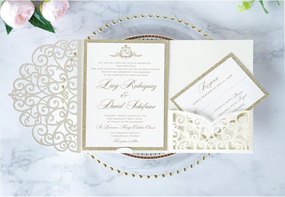 ponatia 5.12 x 7.2 Ivory Laser Cut Wedding Invitations, Trifold Laser Cut Invitation Pockets with Envelopes for Wedding Bridal Shower Engagement Quinceanera Invitations (20PCS No Inner Sheet)