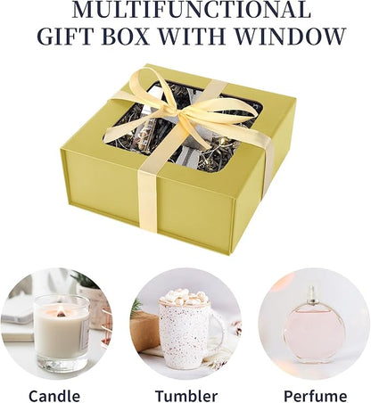 Gold Gift Boxes with Window,7.5"x7.5"x3.1" Bridesmaid Boxe for Gift Giving,Birthday Gift Box with Magnetic,Closure Lid Gift Boxes for Presents,Cute Boxe,Luxury for Gift Packaging,Gift Box for Wrapping Gifts