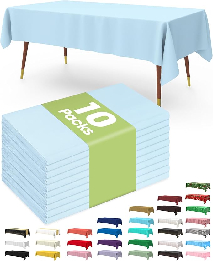 Pureegg Plastic Table Cloth Disposable 10 Pack, 54 x 108 Inch Table Cloths, Easter Party, Picnic, Wedding, Decorative Tablecloths, Rectangle, Baby Blue Plastic Cover, Leakproof & Sturdy, Light Blue