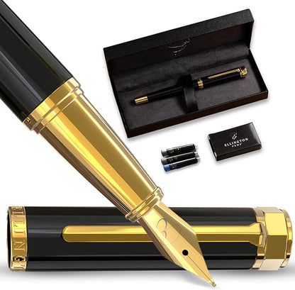 Ellington Pens Luxury Fountain Pen Set- Fountain Pens for Writing - Smooth Fine Nib - Includes Refillable Ink Converter, 3 Ink Cartridges [Black & Blue], Gift Box - Elegant Calligraphy