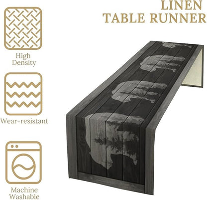 Rustic Country Bear Table Runner, Black Wood Wooden Cabin Wild Animals Hunting Table Cloth for Home Kitchen Dining Table Runner 13x120 Inch