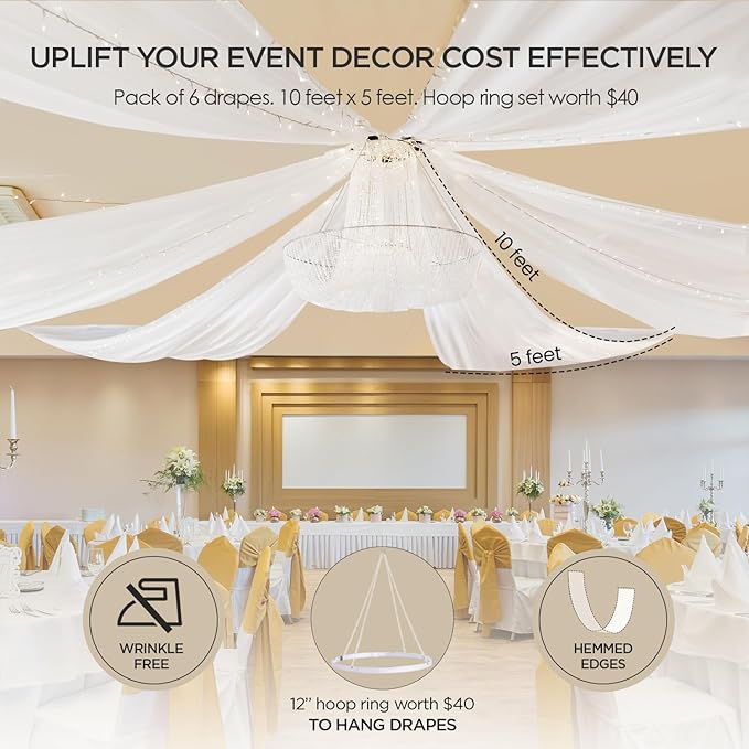 boldworks Ceiling Drapes Hanging Kit for Weddings Tent Bedroom Draping Parties Decoration White Fabric Includes Hoop Ring Set 5ft x 10ft Pack of 6