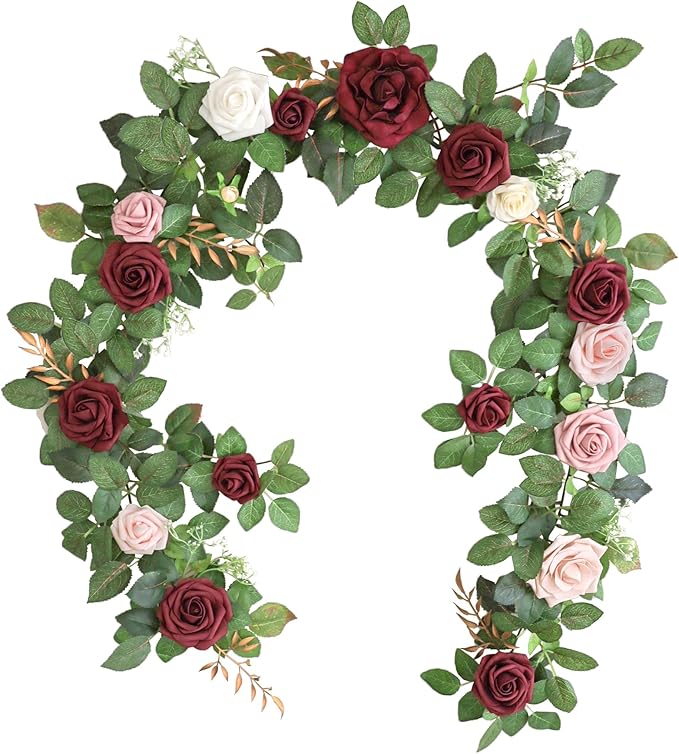 Lookein Artificial Rose Flower Garland Greenery Garland 5FT for Wedding Ceremony Backdrop Arch Flowers Table Centerpieces Decorations, Burgundy