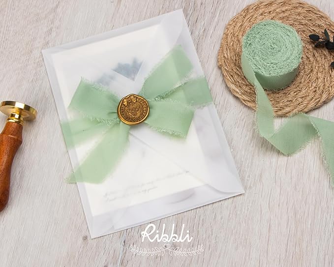 Ribbli Sage Green Ribbon 1 Inch x 3 Rolls Total 24 Yards Green Handmade Fringe Chiffon Silk Ribbon for Wrapping Wedding Invitations Bridal Bouquets DIY Crafts Home Decor