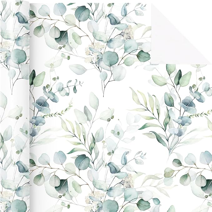 WRAPAHOLIC Eucalyptus Leaves Wrapping Paper Roll - Mini Roll - 17 Inch x 9.8 Feet - Eucalyptus Greenery Wrapping Paper Perfect for Birthday, Wedding, Bridal Shower