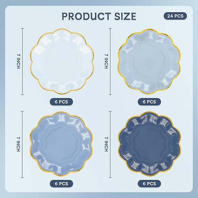 Dusty Blue Party Plates Gradient Blue Dessert Paper Plate 7inch Gold Foil Scalloped Edge Disposable Cake Plates for Father’s Day Birthday Bridal Baby Shower Wedding Party Supplies