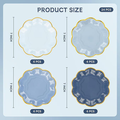 Dusty Blue Party Plates Gradient Blue Dessert Paper Plate 7inch Gold Foil Scalloped Edge Disposable Cake Plates for Father’s Day Birthday Bridal Baby Shower Wedding Party Supplies