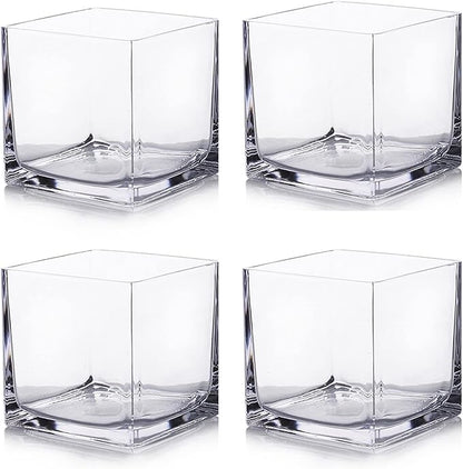 Enova Floral Set of 4 Cube Glass Vase, 5x5X5 Inch Glass Flower Vase Planter, Floating Candle Holders, Clear Square Glass Vases, Table Decorative Vase for Wedding Centerpieces, Home Office Décor