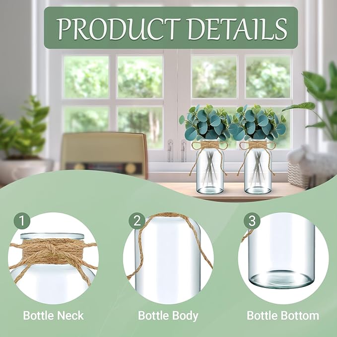 12PCS Transparent Glass Flower Vases for Centerpieces Boho Cylinder Bud Vases in Bulk Mason Jars for Weddings, Parties & Vintage Home Decor(Transparent 12)