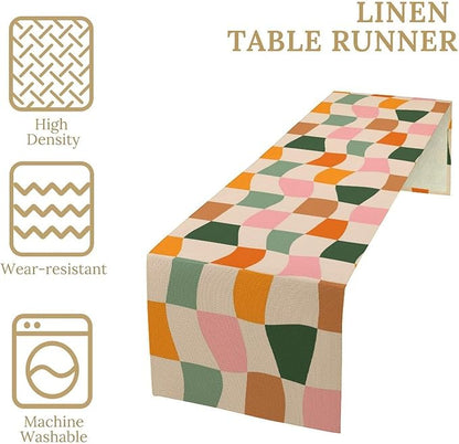Hippie Table Runner, Vintage Geometric Square Orange Green Pink Grid 60s 70s Style Kitchen Dining Room Decor for Indoor Outdoor Wedding Party Table Runner 13x90 Inch