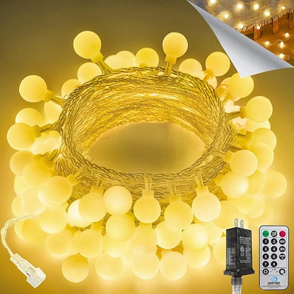LORRYTE Connectable 43FT 100LED Globe String Lights | 8 Modes Warm White Christmas String Lights Plug in with Remote | Hanging Fairy Light for Indoor Outdoor Bedroom Party Christmas Tree Decor