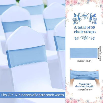 Kinlop 50 Pcs Spandex Chair Sashes Bows Chair BandB0C3V282KGs Slider Sashes for Covers Elastic Bands Ties Without Buckle Decorations for Wedding Party Events Ceremony Birthday(Sky Blue)