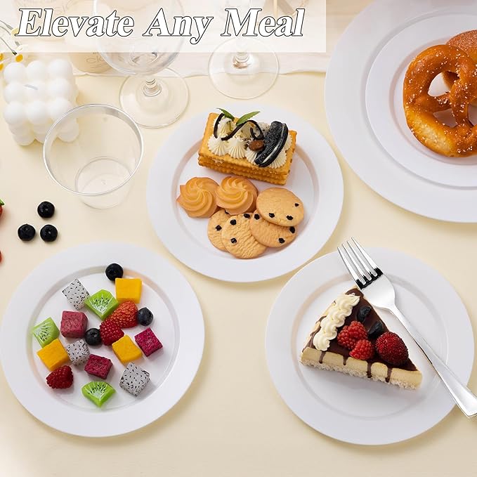 100PCS White Plastic Plates Set, 50 10.25 inch Dinner Plate and 50 7.5 inch Dessert Plates, Premium Disposable Plates for Party, Wedding