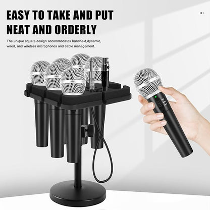 Multi Microphone Holder, Wired and Wireless Mic Holder for Stand, Hold Up to 7 Microphones, Aluminum, Black with stand