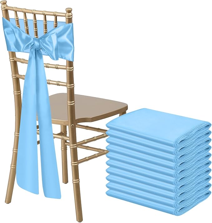 10 PCS Baby Blue Satin Chair Sashes Bows Universal Chair Ribbon Ties Back Sash for Wedding Party Reception Events Banquets Hotel Event Chair Cover Decoration (7x108 inch)
