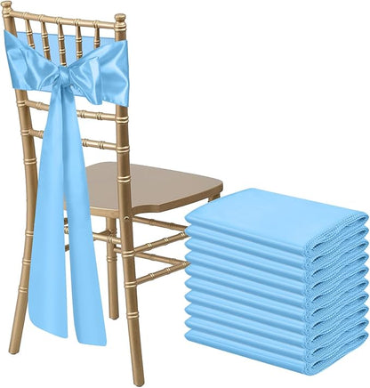 10 PCS Baby Blue Satin Chair Sashes Bows Universal Chair Ribbon Ties Back Sash for Wedding Party Reception Events Banquets Hotel Event Chair Cover Decoration (7x108 inch)
