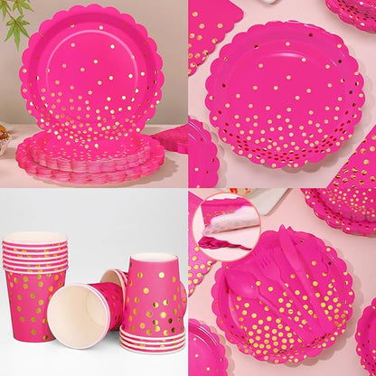 175Pcs Pink Party Supplies, Hot Pink Paper Plates and Napkins Include Scalloped Plates Napkins Cups Plastic Cutlery Set for Bridal Shower Girl Birthday