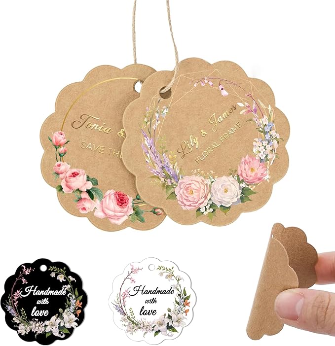 Custom Gift Tag, Personalized Favor Label, Kraft Wrapping Decoration, Wedding Supplies Birthday Party Craft, Thick Paper Hang Card with String (Flower Shape)