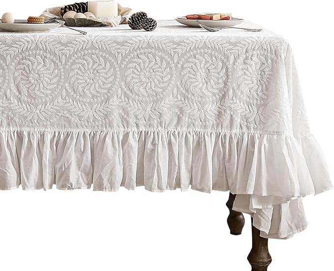 patdrea Vintage Ruffle Tablecloth for Rectangle Tables,Farmhouse Embroidered Cotton White Lace Table Cloth Cover Decor for Dining Room Wedding Banquet Thanksgiving Christmas,59"*75"