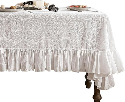 patdrea Vintage Ruffle Tablecloth for Rectangle Tables,Farmhouse Embroidered Cotton White Lace Table Cloth Cover Decor for Dining Room Wedding Banquet Thanksgiving Christmas,59"*83"
