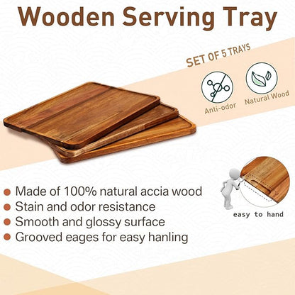 Roowest 5 Pack Solid Acacia Wood Serving Trays for Laser Engraving Rectangular Wooden Board for Food Appetizer Serving Tray Plates for Vegetables Fruit Cheese Housewarming Gifts(13 x 9 Inch)