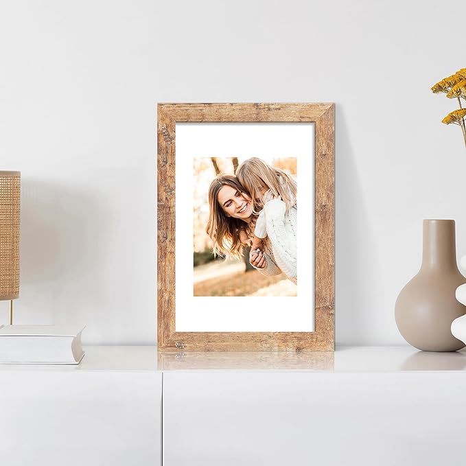 8x12 Picture Frame Set of 4 with High Definition Real Glass, Display 6x8 Pictures with Mat or 8 x 12 Without Mat, Rustic Brown Wood Photo Frames for Tabletop and Wall Mounting