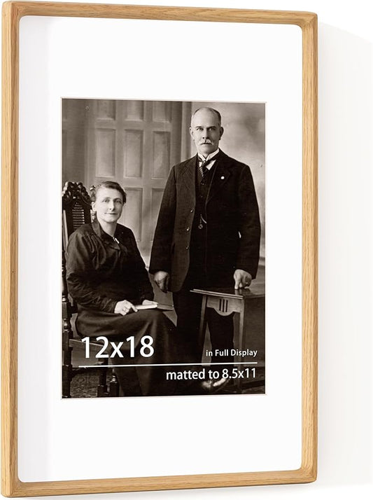 12x18 Frame USA-Sourced Natural Oak Wood Solid Wood Photo Frame Handcrafted Rounded Corner with Mat to 8x12 Picture Display with Real Glass Family Picture, Wedding Photo, Certificate