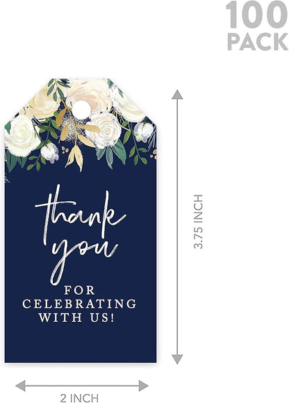 Andaz Press 100-Pack Thank You for Celebrating with Us Favor Tags Navy Blue with Florals Cardstock Gift Tags with Bakers Twine for Wedding Baby Shower Bridal Shower Party Favors 2 x 3.75-Inches