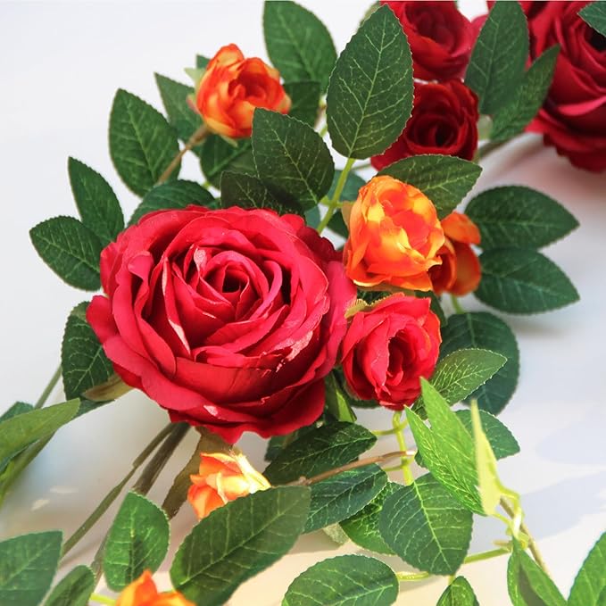 6FT Bendable Flower Garland, Artificial Rose Vine Hanging Floral Garland Decoration for Weding Home Room Wall Decor (Red, 1pcs)