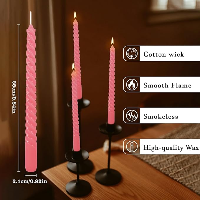 12-Pack Pink Spiral Taper Candles – 10 Inch Elegant Dripless & 10-Hour Burn – Long-Lasting Decorative Candles for Weddings, Birthdays, Parties, Church, Home Decor & Romantic Dinners
