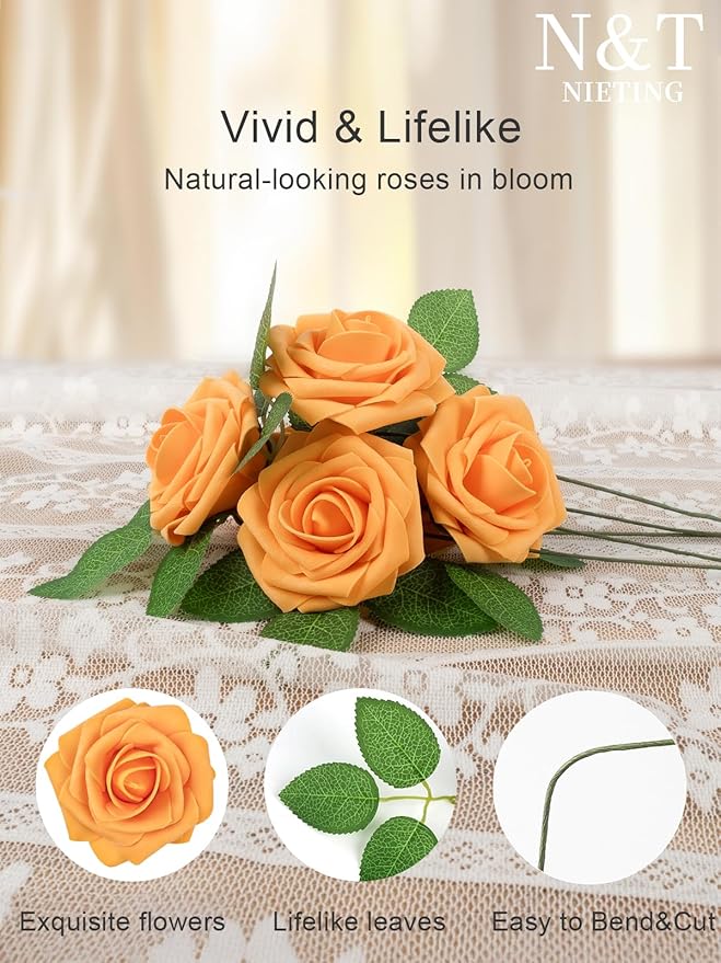 N&T NIETING Artificial Flowers, Fake Flowers Orange Roses Perfect for DIY Wedding Bridal Bouquets Centerpieces Bridal Shower Party Home Flower Arrangement Decorations, 25Pcs