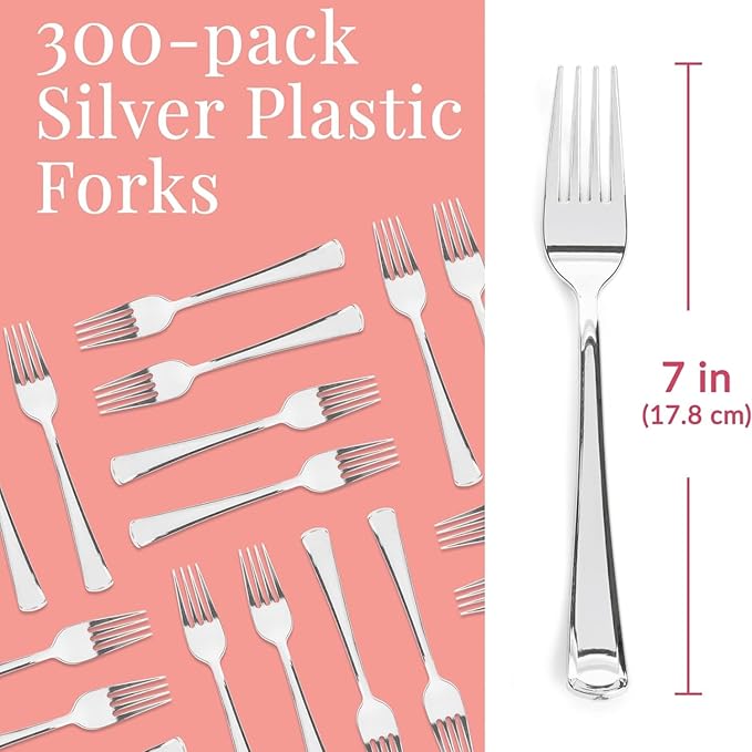 Prestee 300 Plastic Forks Heavy-Duty, Heavyweight Silverware Forks, Fancy Plastic Cutlery, Elegant Disposable Fork Pack, Bulk Disposable Flatware, Silver Fork for Christmas Holiday (Silver)