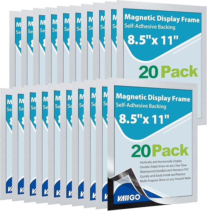 20 Pack Magnetic Sign Holder 8.5 x 11, Self-Adhesive Magnetic Picture Frame & Document Holder for Wall, Door, Fridge, Glass - Double-Sided Magnetic Frame for Poster & Paper Display (Silver)
