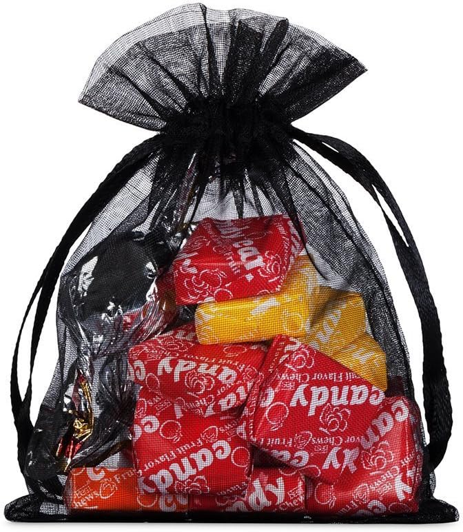 Wudygirl 100pcs Drawstring Organza Bags 5 x 7 Inch Black Transparent Jewelry Lipstick Pouches Baby Shower Party Wedding Holidays Favor Seashell Candy Favor Bags(Black 5x7'')