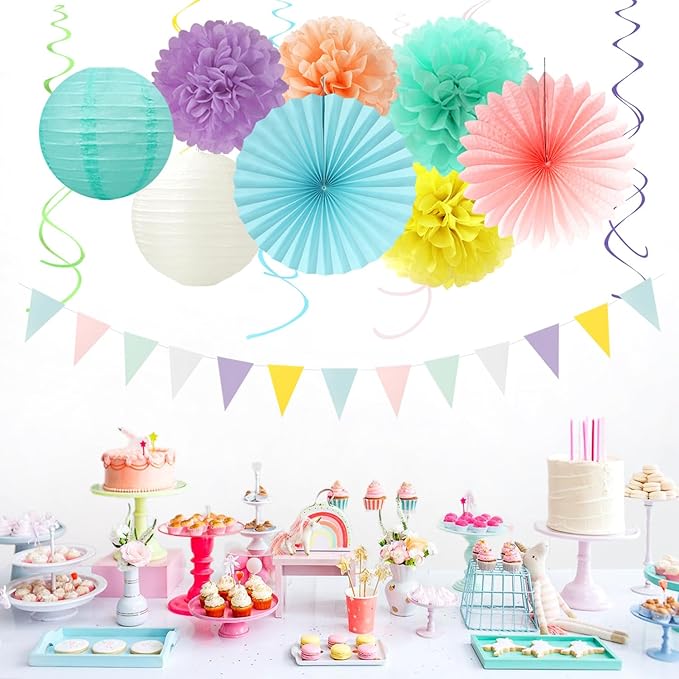 Pastel Rainbow Party-Decorations - 20pcs Pink Yellow Blue Classroom Ceiling Paper Lanterns Fans ,Girl Birthday Tissue Pom Poms,Honeycomb Balls,Bunting,Baby Shower Bridal Wedding Decor Burgleda