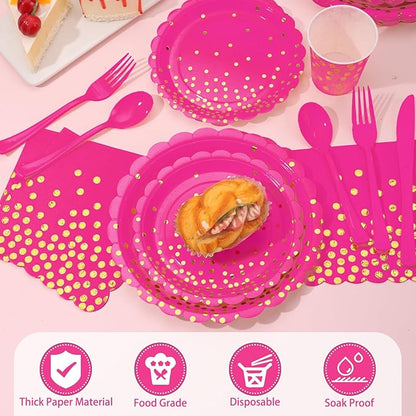 175Pcs Pink Party Supplies, Hot Pink Paper Plates and Napkins Include Scalloped Plates Napkins Cups Plastic Cutlery Set for Bridal Shower Girl Birthday