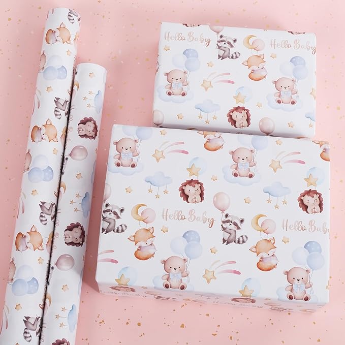 Aimyoo Baby Shower Wrapping Paper Roll - 17 Inch x 32.8 Feet - Cute Animal with Hello Baby Letter Design Perfect for Boys Girls, Birthday, Party