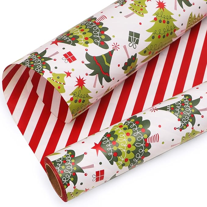 Ribbli Christmas Wrapping Paper Reversible Christmas Tree and Red White Stripe Gift Wrapping Paper-17 Inch x 33 Feet Per roll