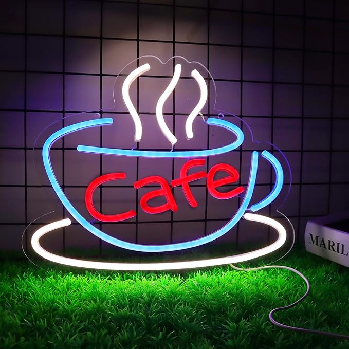 Cafe Neon Sign for Coffee Bar Pub Decor,Blue Wall Art Decoration For Restaurant Living room,Led Light of Cafe,USB Power Supply With Metal Chain.