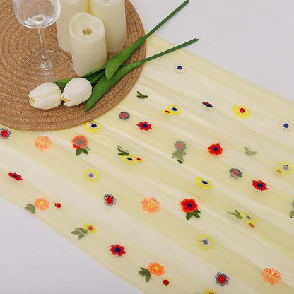 BINBE 3pcs Daisy Fall Table Runner Embroidery Gauze 10FT Florals Seasonal Tulle Holiday Birthday Kitchen Dining Table Decor for Home Party Yellow