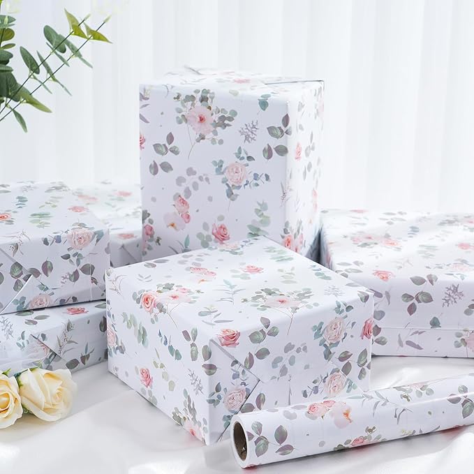 Ulmasinn Floral Wrapping Paper Roll - 17 Inches x 33 Feet - Vintage Romantic Rose Flower Gift Wrap with Cut Lines for Wedding, Birthday, Bridal Shower, Mother’s Day