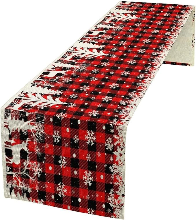 Christmas Table Runner,Red Black Plaid Xmas Snowflakes Deer Trees Print Tablecloth Burlap for Hotel Indoors Outdoor Dining Room Kitchen Home Decor,W13X L90 in