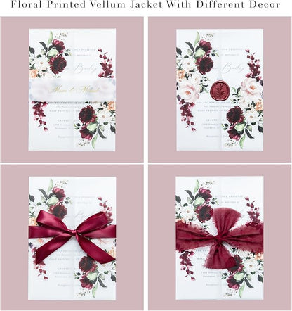 PONATIA 50 PCS Vellum Jackets for 5x7 Invitations- 135gsm Burgundy Floral Printed Vellum Sleeves, Quinceanera Wedding Invitation Cards Wraps